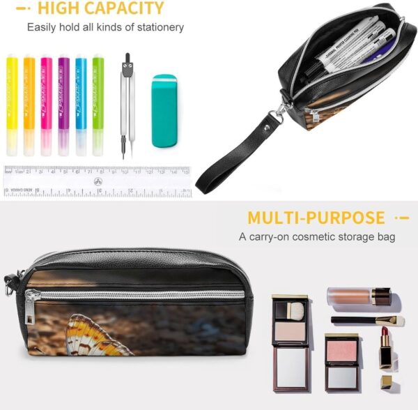 Leather Pencil Cases Butterfly on The Road Pen Pouch Travel Cosmetic Bag for Purse Portable Makeup Brush Bag Holder Coin Purse for Women Makeup Case Purse Organizer