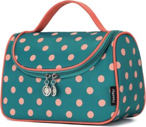Yeiotsy Polka Dots Makeup Bag - Hanging Travel Toiletry Organizer for Women & Girls with Brush Holders