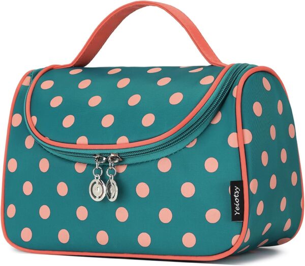 Yeiotsy Polka Dots Makeup Bag - Hanging Travel Toiletry Organizer for Women & Girls with Brush Holders