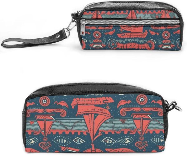 Leather Pencil Cases Sailboat Pattern Pen Pouch Travel Cosmetic Bag for Purse Portable Makeup Brush Bag Holder Coin Purse for Women Makeup Case Organizer