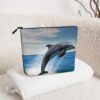 Jumping Up Dolphins Makeup Bag For Women, Waterproof Linen Travel Cosmetic Organizer Lightweight Zipper Travel Toiletry Bag Organizer Makeup Brushes Storage Bag