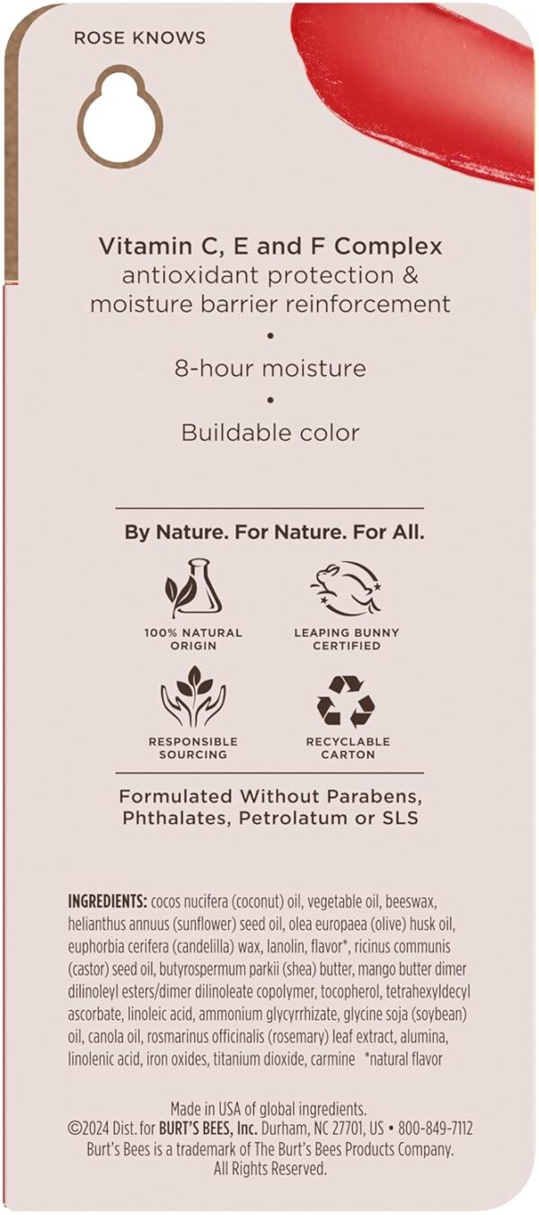 Burt’s Bees Tinted Boosted Balm, Rose Knows, Hydrating Tinted Lip Balm with Vitamin C, E, and F Core, 24 Hour Lip Moisturizer with Responsibly Sourced Beeswax, 100% Natural Origin, 1 Count, 0.16oz