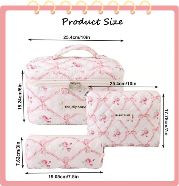 LAKSMI 3PCS Cotton Quilted Floral Makeup Bag Set for Women Girls, Cute Make Up Bags with Brush Pockets, Large Wide-Open Toiletry Pouch Gifts for Toiletries Accessories Travelling Essentials