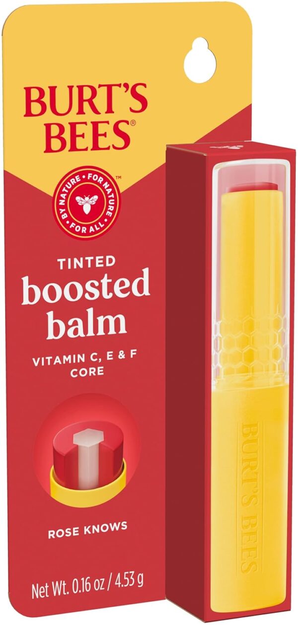 Burt’s Bees Tinted Boosted Balm, Rose Knows, Hydrating Tinted Lip Balm with Vitamin C, E, and F Core, 24 Hour Lip Moisturizer with Responsibly Sourced Beeswax, 100% Natural Origin, 1 Count, 0.16oz