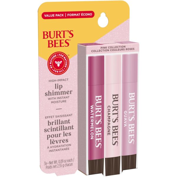 Burt's Bees Lip Shimmer Pink Collection, Mothers Day Gifts, Tinted Lip Balm Stick, Moisturizing for All Day Hydration with Natural Glowy Pigmented Finish & Buildable Color, 3 Tubes x 0.09 Oz