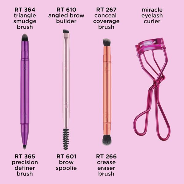 Real Techniques Double Time Brush + Lash 4 Piece Set, Dual-Ended Eye Makeup Brushes For Eyeshadow & Brows, Travel-Friendly Brush Caps For Storage, Eyelash Curler Included, Cruelty-Free