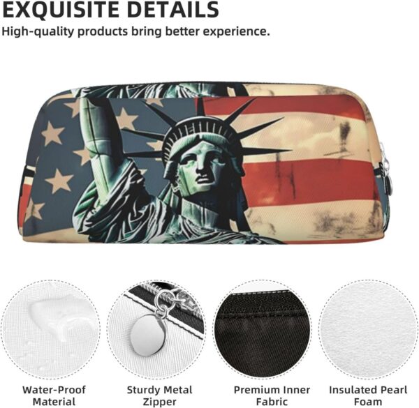 Statue Liberty American Flag Makeup Bag for Women Men Pencil Pouch Travel Small Cosmetic Bag Zippered Toiletry Bags Aesthetic Pen Bags Trendy Storage Bags Leather Coin Pouch Purse