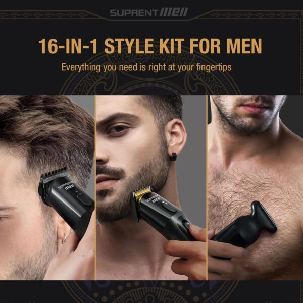 SUPRENT Beard Trimmer for Men - 16 Pieces Mens Grooming Kit with Electric Beard Trimmer, Adjustable Hair Trimmer, Hair Clippers, Razors for Beard, Hair, Body, Groin, Nose & Ear, Waterproof IPX7