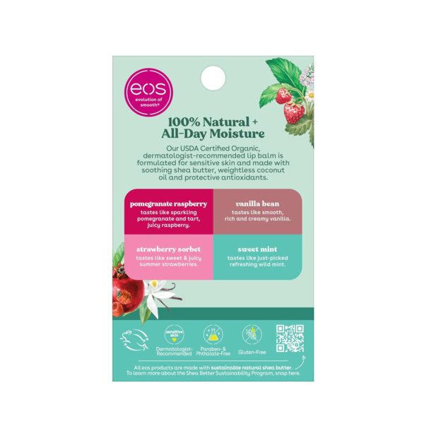 eos 100% Natural & Organic Lip Balm Sticks- Strawberry Sorbet, Vanilla Bean, Sweet Mint & Pomegranate Raspberry, Lip Care Products, 0.14 oz, 4-Pack