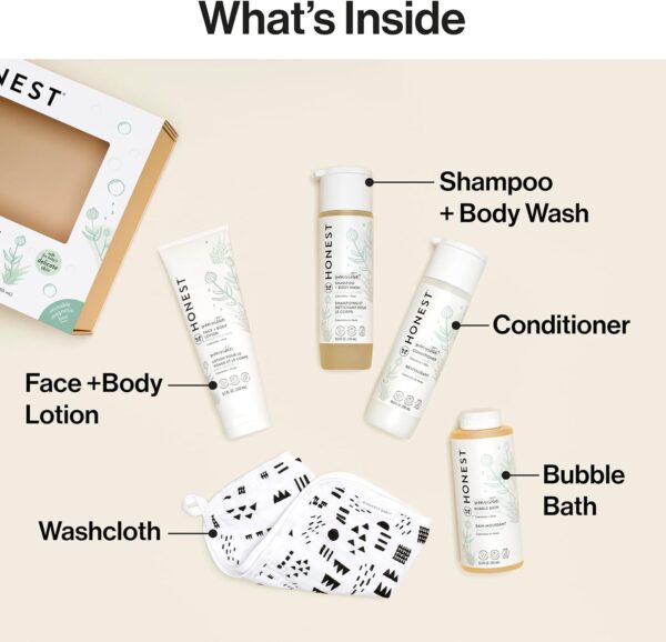 The Honest Company Fragrance Free Bathtime Gift Set | Hypoallergenic Bath Essentials for Sensitive Skin | Shampoo + Body Wash, Face + Body Lotion, Bubble Bath, Conditioner, Wash Cloth