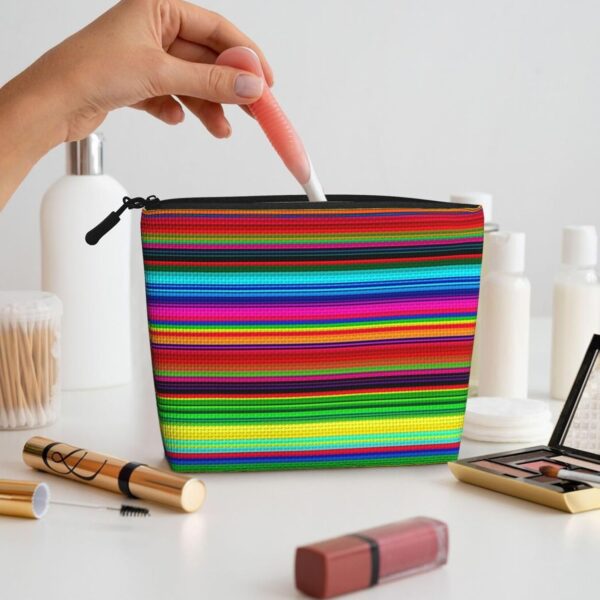 Colorful Mexican Stripes Makeup Bag For Women, Waterproof Linen Travel Cosmetic Organizer Lightweight Zipper Travel Toiletry Bag Organizer Makeup Brushes Storage Bag