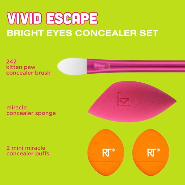 Real Techniques Vivid Escape Bright Eyes Concealer 4 Piece Set, Includes Kitten Paw Makeup Brush, Powder Puff, & Concealer Makeup Blending Sponge, Targeted Concealing, Travel Friendly, Cruelty-Free