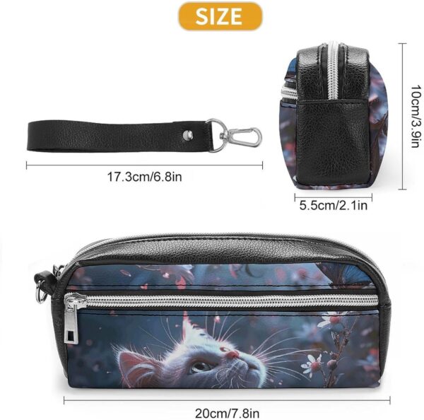Leather Pencil Cases White Cat in Flowers Pen Pouch Travel Cosmetic Bag for Purse Portable Makeup Brush Bag Holder Coin Purse for Women Makeup Case Organizer