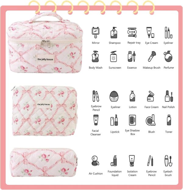 LAKSMI 3PCS Cotton Quilted Floral Makeup Bag Set for Women Girls, Cute Make Up Bags with Brush Pockets, Large Wide-Open Toiletry Pouch Gifts for Toiletries Accessories Travelling Essentials