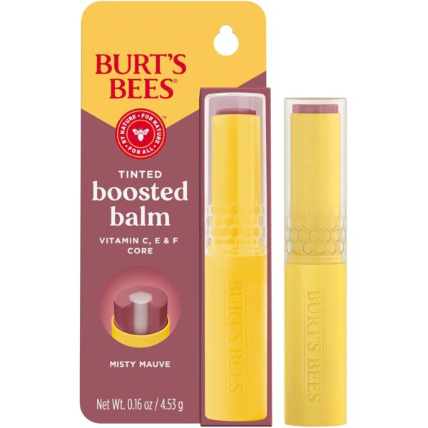 Burt’s Bees Tinted Boosted Balm, Misty Mauve, Hydrating Tinted Lip Balm with Vitamin C, E, and F Core, 24 Hour Lip Moisturizer with Responsibly Sourced Beeswax, 100% Natural Origin, 1 Count, 0.16oz