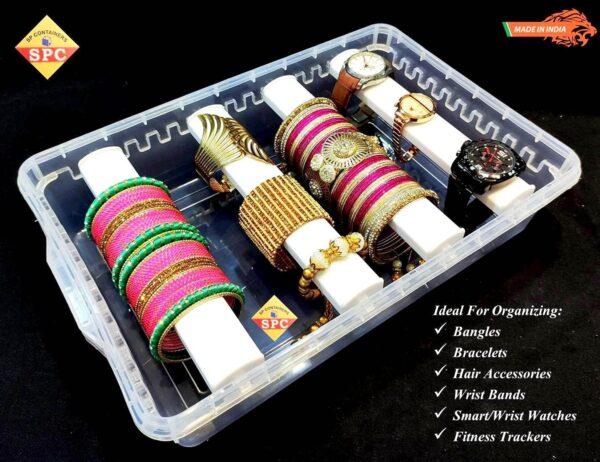 Plastic adjustable 4 rod Bangle Box Chudi Set Organizer Jewellery Storage Display Box for Bangles Chudi Bracelet Wrist Watch Hair Bands Scrunchies Accessories, Transparent (2)