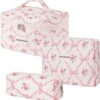 LAKSMI 3PCS Cotton Quilted Floral Makeup Bag Set for Women Girls, Cute Make Up Bags with Brush Pockets, Large Wide-Open Toiletry Pouch Gifts for Toiletries Accessories Travelling Essentials