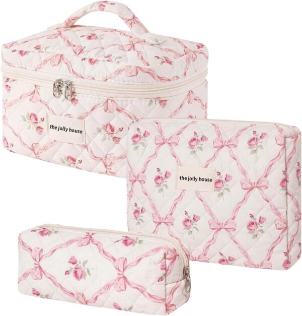 LAKSMI 3PCS Cotton Quilted Floral Makeup Bag Set for Women Girls, Cute Make Up Bags with Brush Pockets, Large Wide-Open Toiletry Pouch Gifts for Toiletries Accessories Travelling Essentials