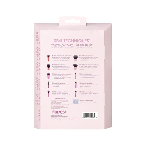 Real Techniques 11 Piece Travel Fantasy Mini Brush Set, Travel Size Makeup Brushes For Foundation Eyeshadow, Powder, Blush, Contour, & Concealer, Makeup Bag Included, Gift Set, Cruelty-Free