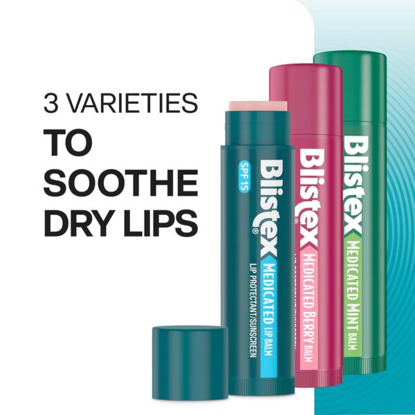 Blistex Medicated Lip Balm 3 Count, 0.15 Oz Each, Classic, Mint and Berry Flavor, Soothes and Protects, Advanced Medicated Lip Care for Dry, Chapped Lips, SPF 15 Sun Protection, 1 Pack