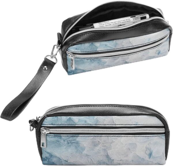 Leather Pencil Cases Blue Frozen Petals Pen Pouch Travel Cosmetic Bag for Purse Portable Makeup Brush Bag Holder Coin Purse for Women Makeup Case Purse Organizer