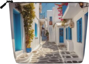 Greece Street Makeup Bag For Women, Waterproof Linen Travel Cosmetic Organizer Lightweight Zipper Travel Toiletry Bag Organizer Makeup Brushes Storage Bag