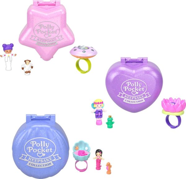 Polly Pocket Collector Dolls & Compact Playset, Heritage Ring Box 3 Pack, Keepsake Collection Jewelry Case