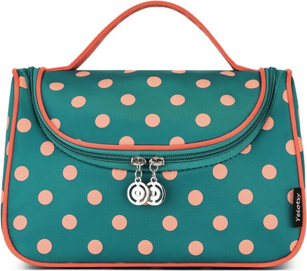 Yeiotsy Polka Dots Makeup Bag - Hanging Travel Toiletry Organizer for Women & Girls with Brush Holders
