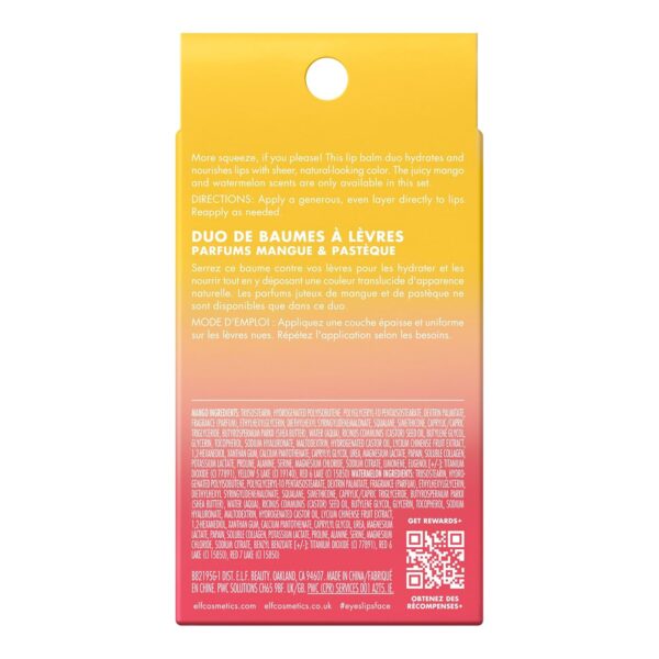e.l.f. Squeeze Me More Lip Balm Duo, Moisturizing Balm For A Sheer Tint Of Color, Made With Hyaluronic Acid, Vegan & Cruelty-Free, Mango & Watermelon