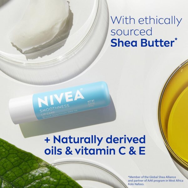 NIVEA Smoothness Lip Care, Sunscreen Lip Balm with SPF 15 Broad Spectrum, Shea Butter, Nourishing Oils and Vitamin C & E, 3-in-1 Moisture, Repair and Sunscreen, 0.17 Oz Stick, Pack of 4