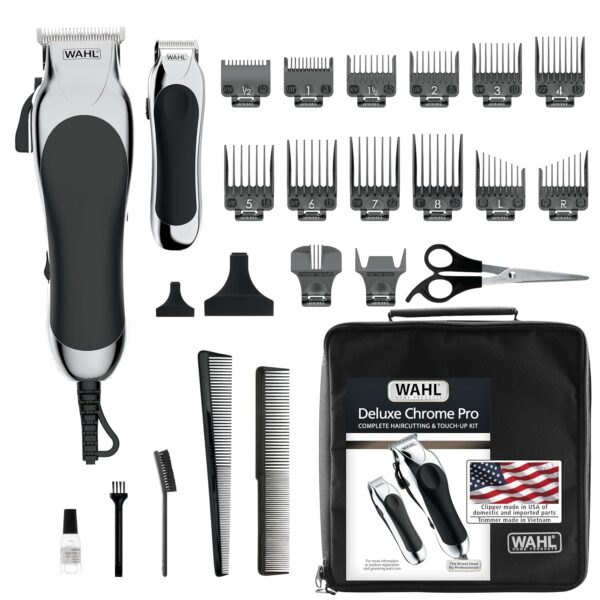 Wahl Clipper USA Deluxe Corded Chrome Pro, Complete Hair and Trimming Kit, Includes Corded Clipper, Cordless Battery Trimmer, and Styling Shears, for a Cut Every Time - Model 79524-5201M