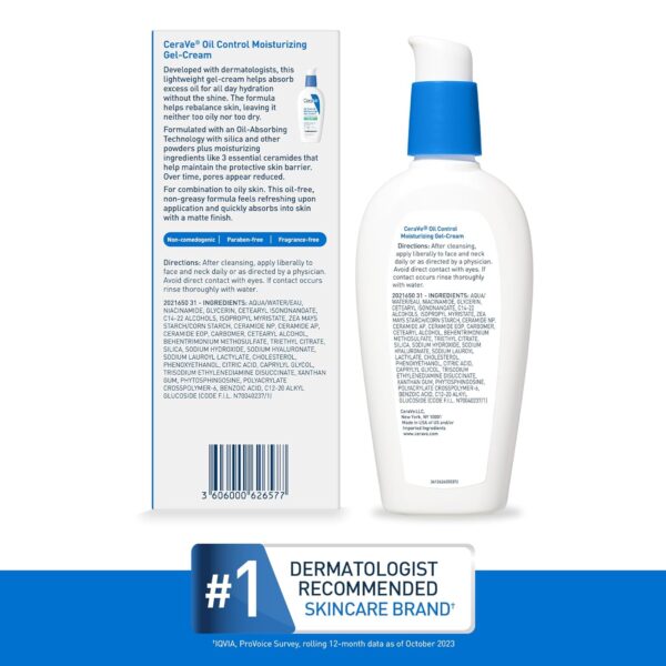 CeraVe Oil Control Moisturizing Gel-Cream, Face Moisturizer for Oily Skin, Niacinamide, Hyaluronic Acid & Oil Absorbing Technology To Rebalance Oily Skin, Non-Comedogenic, Fragrance Free & Oil-Free