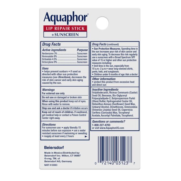 Aquaphor Lip Repair Stick (2 x 0.17 Oz) + Lip Repair and Protect Stick with Sunscreen SPF 30 (2 x 0.17 Oz), Relieves Dryness