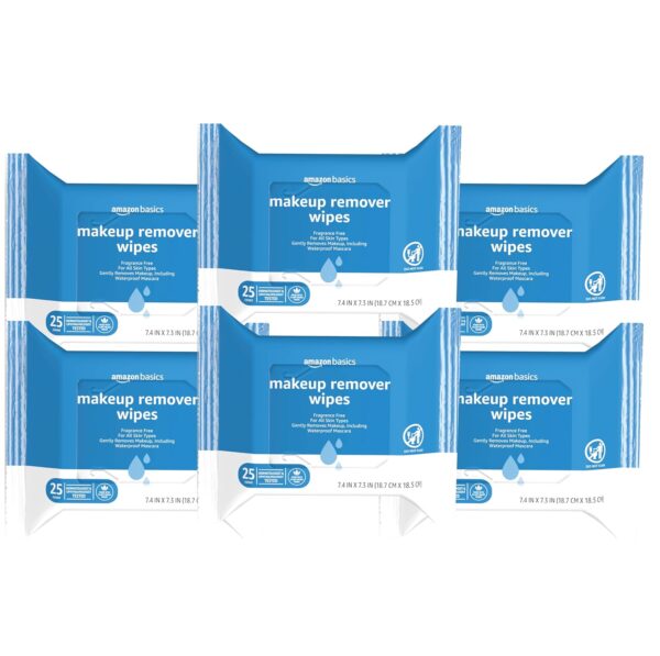 Amazon Basics Make Up Remover Wipes, Fragrance Free, 25 Count, Pack of 6 (Previously Solimo)