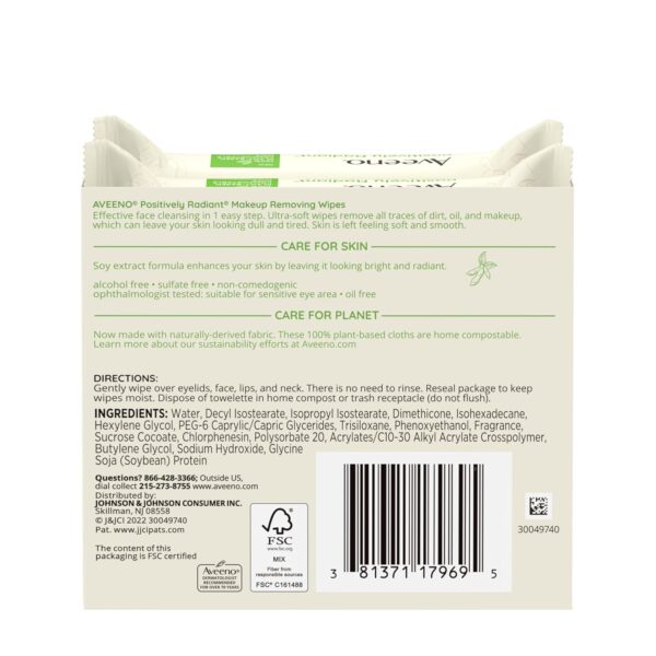 Aveeno Positively Radiant Oil-Free Makeup Removing Face Wipes to Help Even Skin Tone and Texture with Moisture-Rich Soy Extract, Gentle Facial Cleansing Wipes, Twin Pack, 2 x 25 ct.