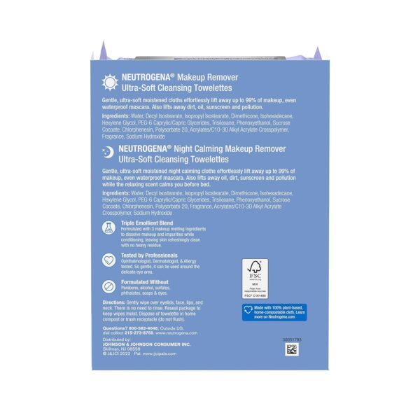 Neutrogena Day & Night Facial Cleansing Wipes, Makeup Remover Face Cleansing Towelettes & Night Calming Facial Cloths, 100% Plant Based Fibers Wipe Away Dirt & Oil, (3 Packs of 25)