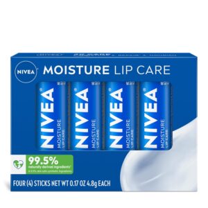 NIVEA Moisture Lip Care, Skin Care Gifts for Mom, Hydrating Lip Balm with Shea Butter, Nourishing Oils and Vitamin C & E, 3-in-1 Moisture, Repair and Nourish, 0.17 Oz Stick, Pack of 4