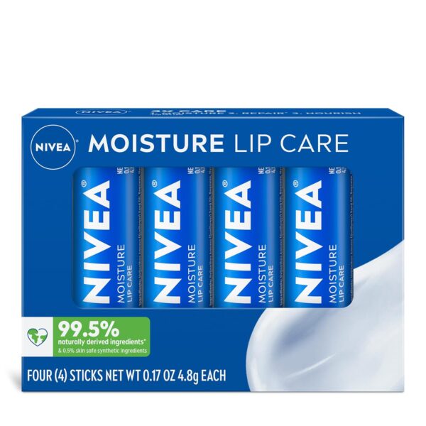 NIVEA Moisture Lip Care, Skin Care Gifts for Mom, Hydrating Lip Balm with Shea Butter, Nourishing Oils and Vitamin C & E, 3-in-1 Moisture, Repair and Nourish, 0.17 Oz Stick, Pack of 4