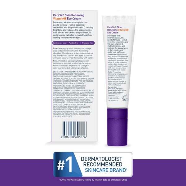 CeraVe Skin Renewing Vitamin C Eye Cream, Vitamin C, Hyaluronic Acid, Ceramides & Caffeine, Under Eye Cream For Dark Circles and Puffiness, Fragrance Free & Ophthalmologist Tested, 0.5 Fl. Oz