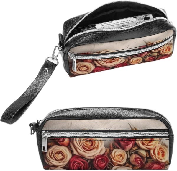 Leather Pencil Cases Valentine Rose Heart Shape Pen Pouch Travel Cosmetic Bag for Purse Portable Makeup Brush Bag Holder Coin Purse for Women Makeup Case Purse Organizer