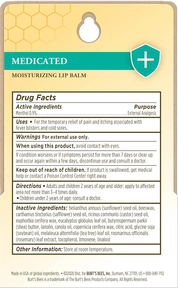 Burt's Bees Medicated Lip Balm, With Eucalyptus Oil and Menthol, Tint-Free, Natural Origin Lip Care, 2 Tubes, 0.15 oz.