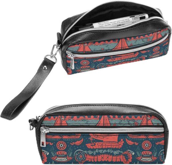 Leather Pencil Cases Sailboat Pattern Pen Pouch Travel Cosmetic Bag for Purse Portable Makeup Brush Bag Holder Coin Purse for Women Makeup Case Organizer