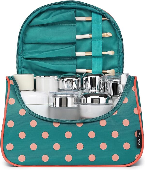 Yeiotsy Polka Dots Makeup Bag - Hanging Travel Toiletry Organizer for Women & Girls with Brush Holders