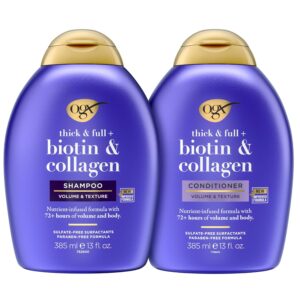 OGX Thick & Full + Biotin & Collagen Volumizing Shampoo & Conditioner Set, Nutrient-Infused, Biotin Gives Hair Volume & Body, Sulfate-Free Surfactants, 13 fl. Oz, 2 Pack