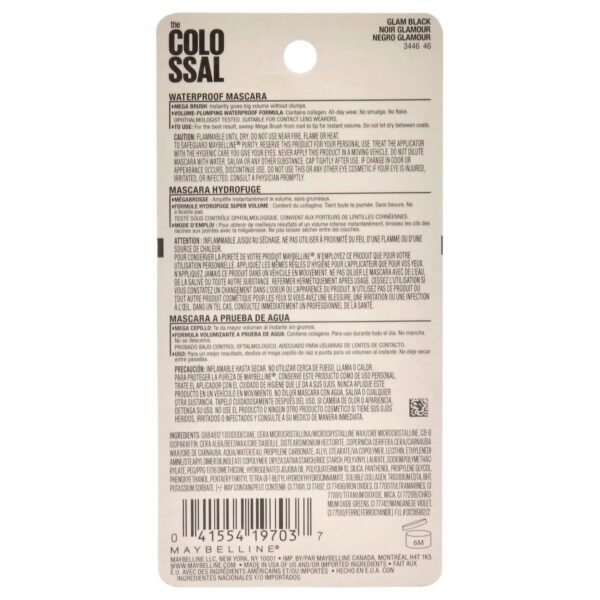 Maybelline Volum' Express Colossal Waterproof Mascara Makeup, Volumizing, Glam Black, 1 Count