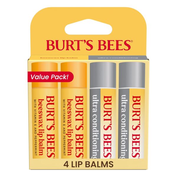 Burt's Bees Lip Balm Beeswax and Ultra Conditioning Lip Balm Pack, Hydrating Lip Moisturizer with Kokum and Shea Butter, Natural Origin Lip Care, 4 Tubes, 0.15oz.