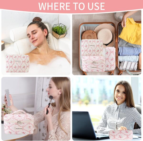 LAKSMI 3PCS Cotton Quilted Floral Makeup Bag Set for Women Girls, Cute Make Up Bags with Brush Pockets, Large Wide-Open Toiletry Pouch Gifts for Toiletries Accessories Travelling Essentials