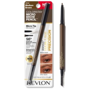 Revlon ColorStay Micro Eyebrow Pencil with Built In Spoolie Brush, Infused with Argan and Marula Oil, Waterproof, Smudgeproof, 454 Medium Brown, 0.003 oz
