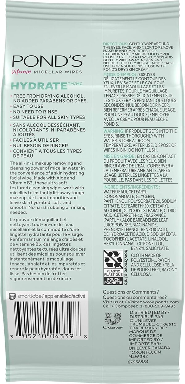 Pond's Vitamin Micellar Wipes For Dry Skin Hydrate Aloe Vera Removes Waterproof Makeup 25 Wipes