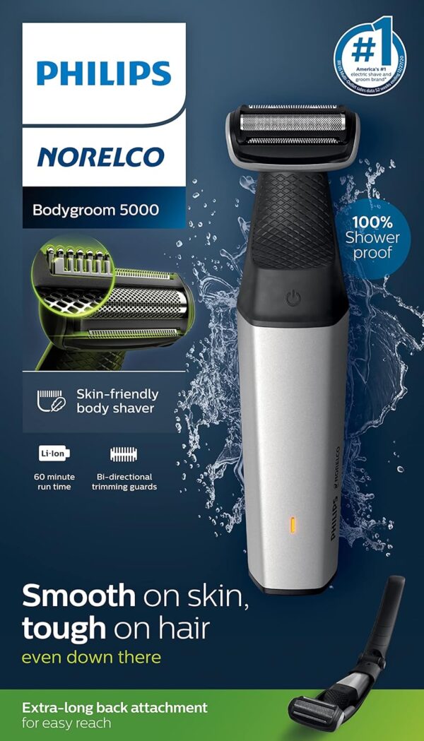 Philips Bodygroom Series 5000, Showerproof Groin and Body Trimmer, Close and Comfortable Shave, Complete Body Grooming Including Back, 60 Min. Runtime, Model BG5025/40
